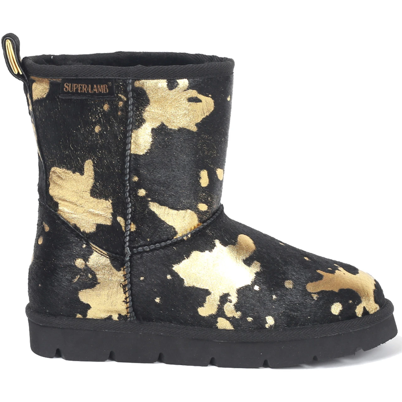 Superlamb Women's Turano 7.5 - Etched Cow Print Black And Gold